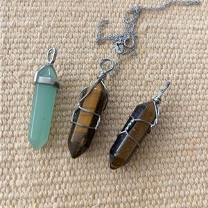 Green Aventurine and Brown Tiger Eye Crystal Point Pendant Necklace